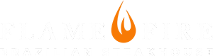 White text with an orange flame logo for Flame and Fire Brazilian Steakhouse.